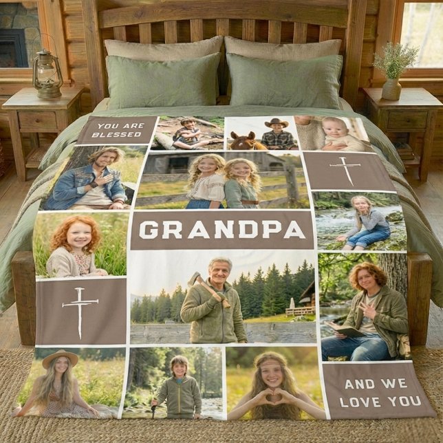 Blessed Grandpa 12 Photo Collage Custom Text Fleecedecke (Von Creator hochgeladen)