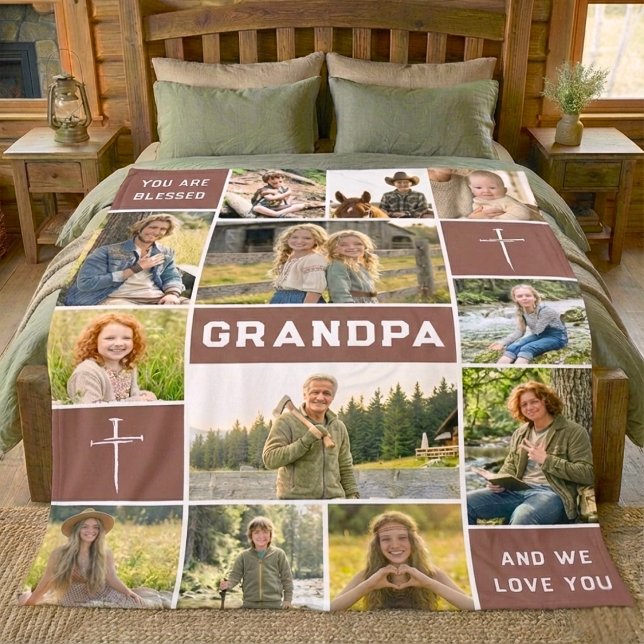 Blessed Grandpa 12 Photo Collage Custom Text Fleecedecke (Von Creator hochgeladen)