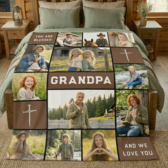 Blessed Grandpa 12 Photo Collage Custom Text Fleecedecke (Von Creator hochgeladen)