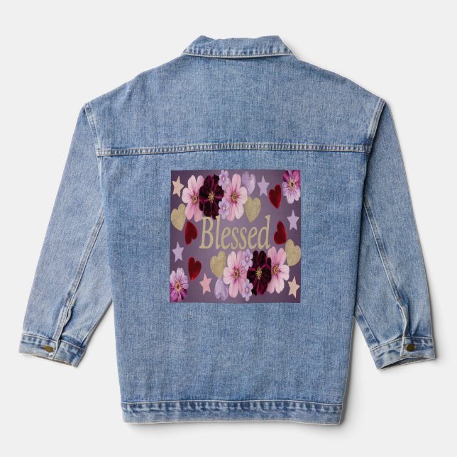 Blessed Hearts Flowers Blue Denim Veste (Verso)