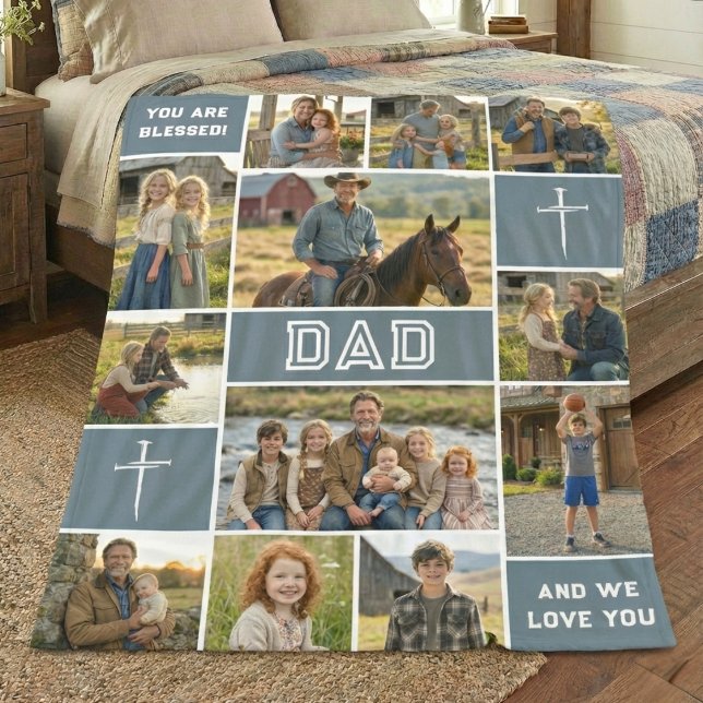 Blessed Loved Dad 12 Photo Collage Custom Text Fleecedecke (Von Creator hochgeladen)