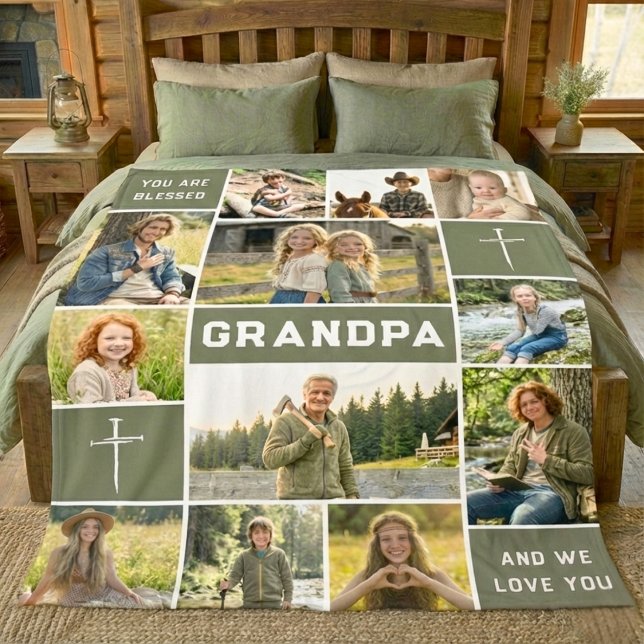 Blessed Loved Grandpa 12 Photo Collage Custom Text Fleecedecke (Von Creator hochgeladen)