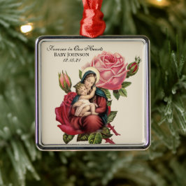 Blessed Virgin Mary with Baby Jesus Vintage Roses Ornament Aus Metall