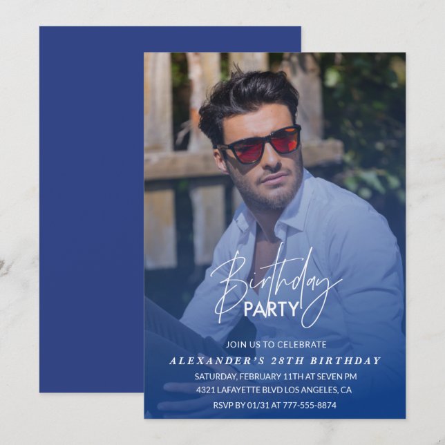 Bleu 28e anniversaire invitation fête d'anniversai (Devant / Derrière)