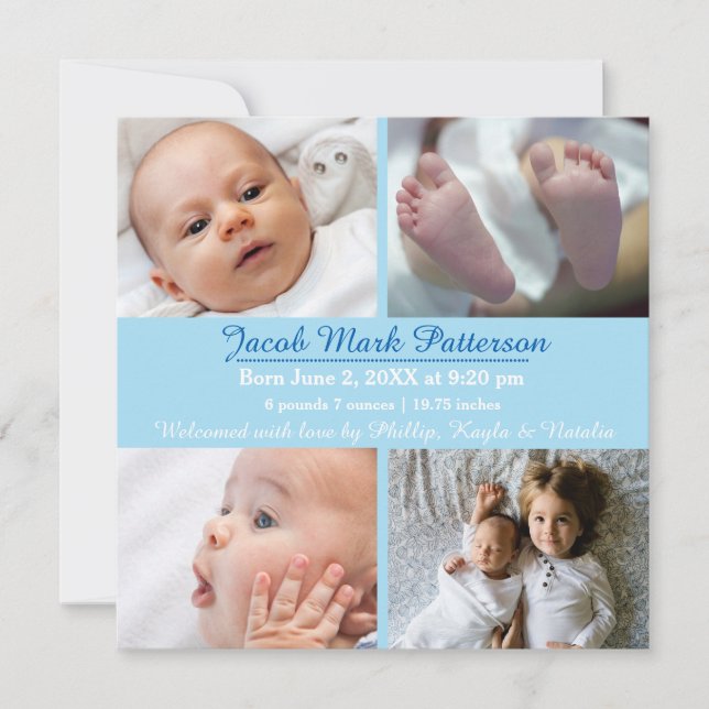 Bleu 4 photos - Faire-part de naissance (Devant)