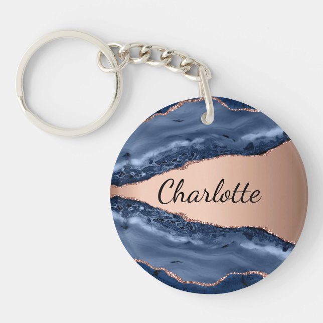 Bleu agate marbre rose or nom script (Devant)