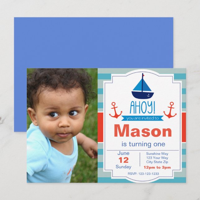 Bleu Ahoy Invitation à l'anniversaire avec photo (Devant / Derrière)