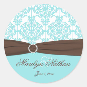 Bleu Aqua, Brown, Sticker Mariage damassé Blanc