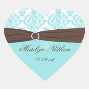Bleu Aqua, Brown, Sticker Mariage damassé Blanc