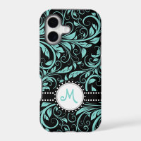 Bleu aqua et damas noir avec monogramme