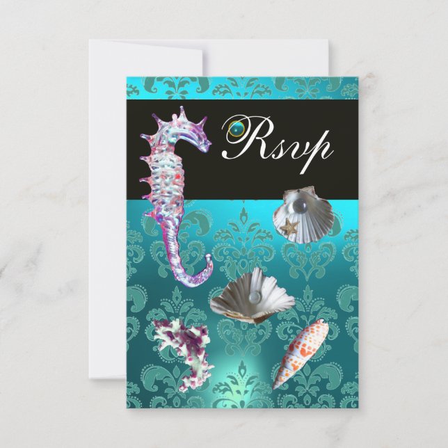 BLEU AQUAMARINE DAMASK BEACH MARIAGE RSVP (Devant)