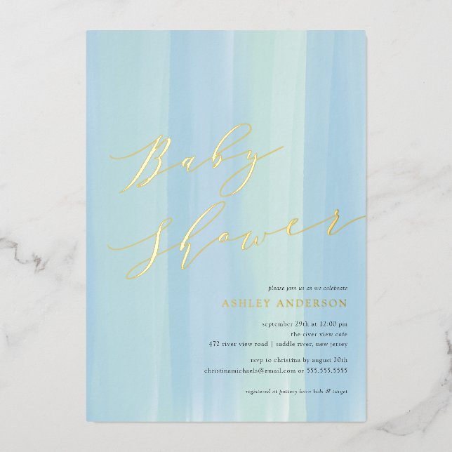 Bleu Aquarelle Bande Baby shower Foil Invitation (Recto)