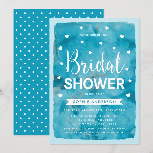 Bleu Aquarelle Coeurs Douche nuptiale Invitation (Devant / Derrière)