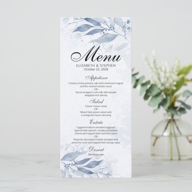 Bleu Aquarelle Feuille Botanique Chic Mariage Menu (Debout devant)
