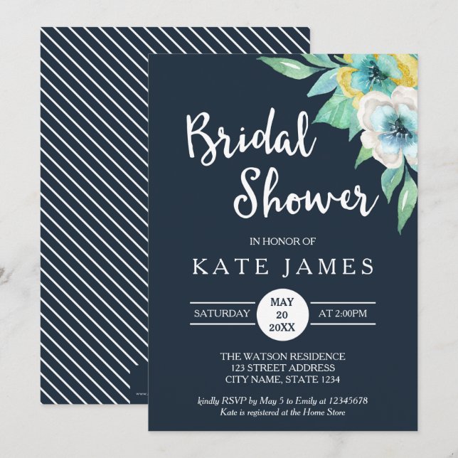 Bleu Aquarelle Florale Douche nuptiale Invitation (Devant / Derrière)
