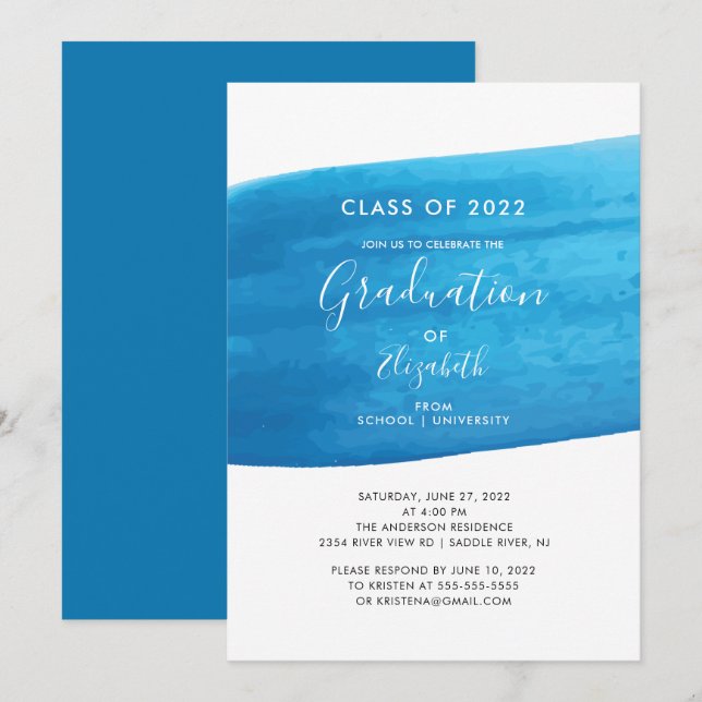 Bleu Aquarelle Graduation Party Invitation (Devant / Derrière)