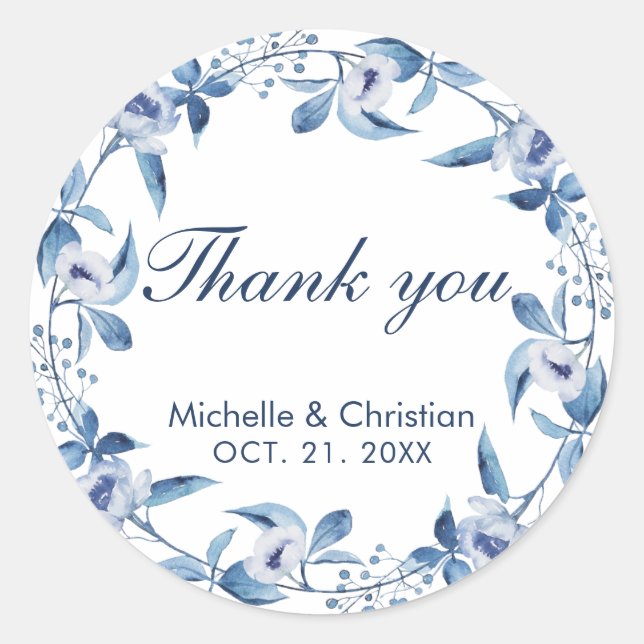 Bleu Aquarelle Mariage Favoriser Merci Sticker (Devant)