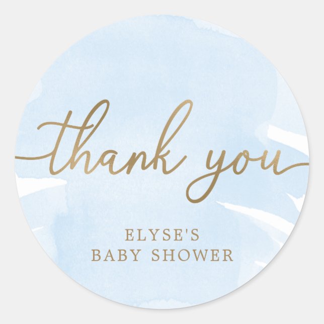Bleu Aquarelle Or Baby shower Favoriser Sticker (Devant)