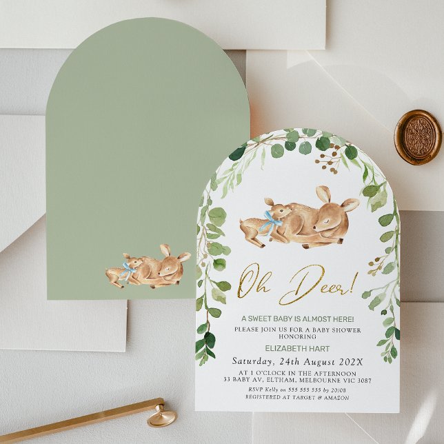 Bleu Arché Bow Oh Deer Baby shower Invitation (Greenery Arched Oh Deer Baby Shower Invitation, Gender Neutral, Deer Fawn Baby Shower Invite Foliage)