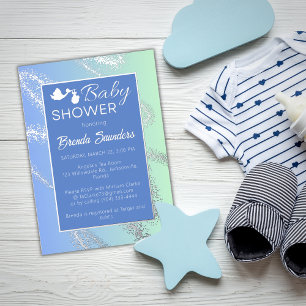 Bleu avec Baby shower à huile d'argent Invitation