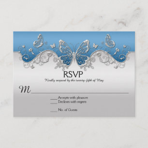 Bleu avec papillons en argent orné Carte RSVP