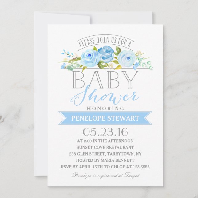 Bleu baby shower | Invitation baby shower (Devant)
