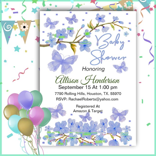 Bleu Baby shower papillon Boy Invitation (Créateur téléchargé)