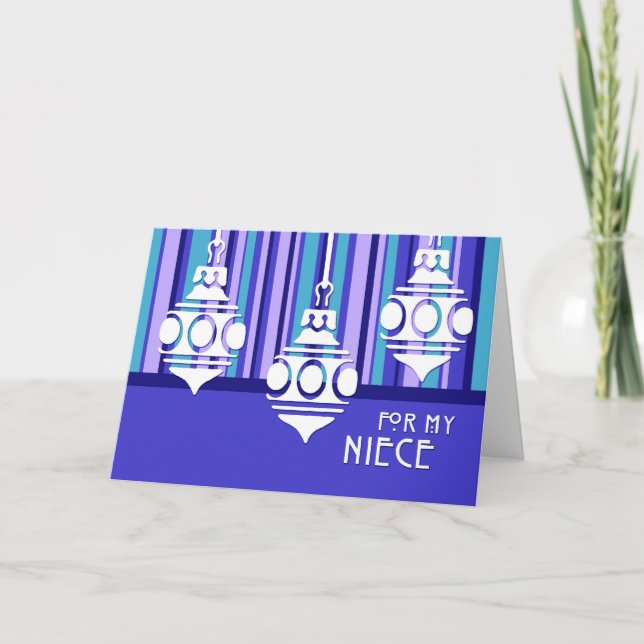 Bleu Bande Ornements Niece Joyeux Noël Carte (Devant)