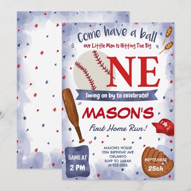 Bleu Baseball 1er Anniversaire Fête Invitation (Devant / Derrière)