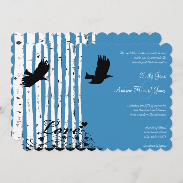 Bleu Birch Inséparable Forêt Mariage Invitations (Devant / Derrière)