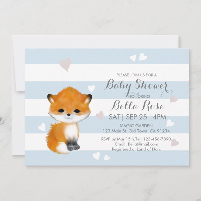 Bleu Blanc Blancs Coeur Fox Baby shower Invitation (Devant)