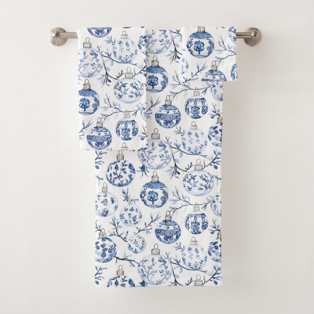 Bleu Blanc Chic Floral Ornements de Noël (En situation)