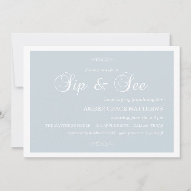 Bleu & Blanc Damask Sip Et Voir Invitation (Devant)