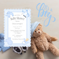Bleu blanc En vichy Baby shower garçon Invitation