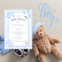 Bleu blanc En vichy Baby shower garçon Invitation