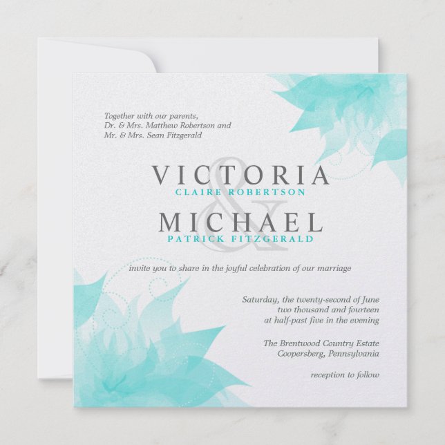 Bleu Blanc Floral Invitations de mariage sur glace (Devant)