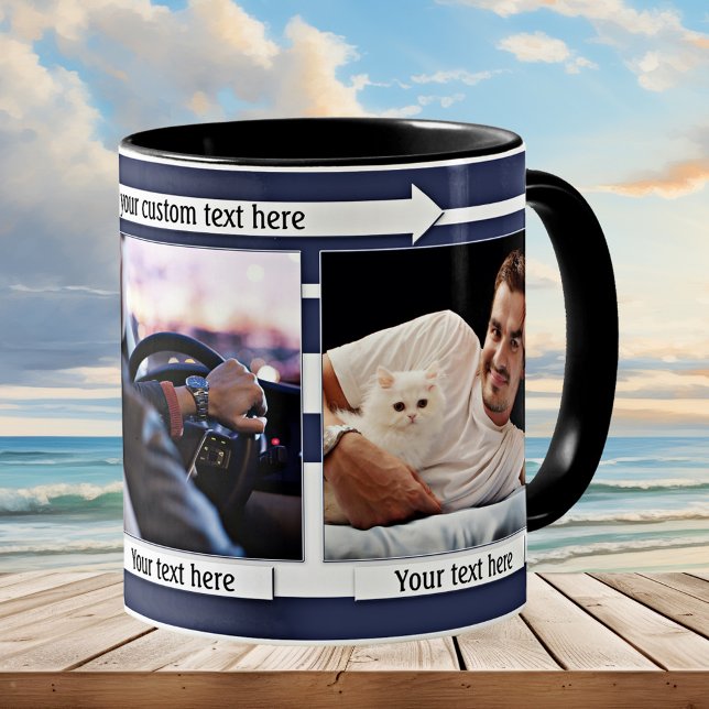Bleu Blanc Frappe Sa Mug Photo (Simple dark blue and white nautical striped mug with your own photos - great as a gift for him)
