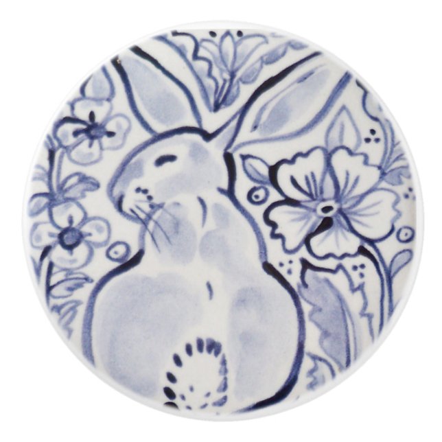 Bleu Blanc Joli Flore Tiroir Rabbit Bouton Tirer (Devant)