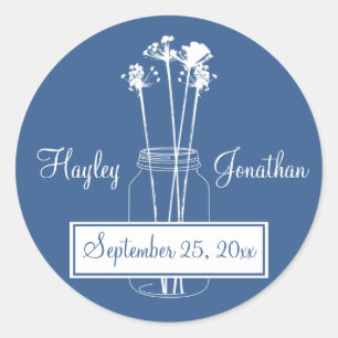 Bleu Blanc Mason Jar Enregistrer La Date Stickers 