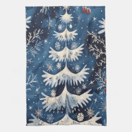 Bleu Blanc Noël Arbre de Vacances Serviette de cui