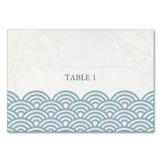 Bleu+Blanc Stylisé Vagues Plat Place Nom Carte (Devant)