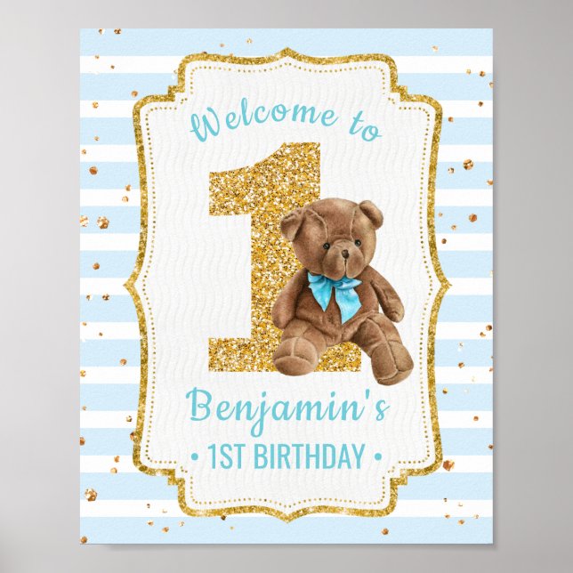 Bleu Bleu Bande Teddy Ours 1er Anniversaire Poster (Devant)