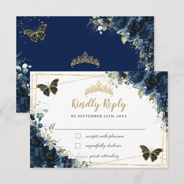 Bleu bleu floral or papillon Quinceañera Réponse (Devant / Derrière)