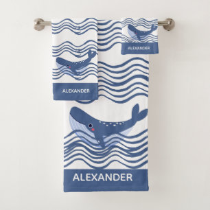 Bleu bleu marine baleine blanche Vagues serviette 
