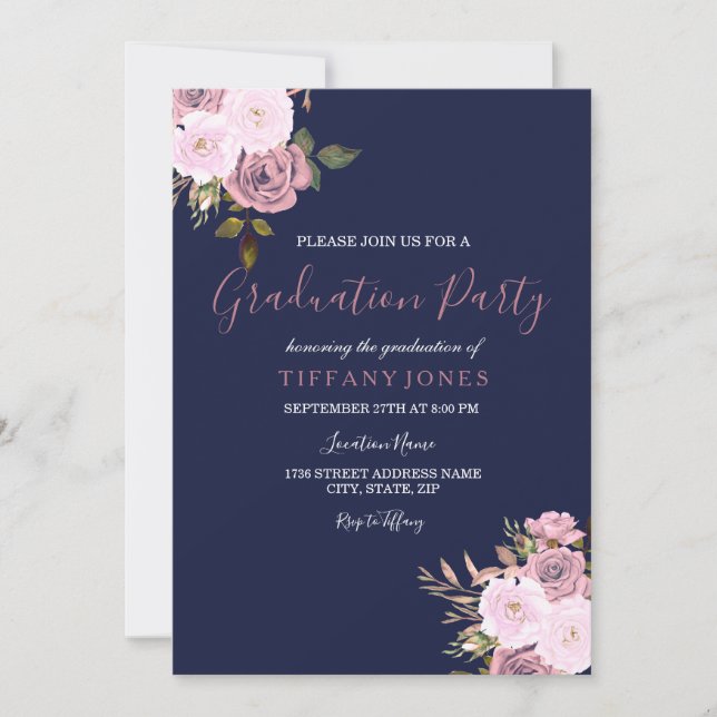Bleu bleu rose et Rose Gold Invitation de graduati (Devant)