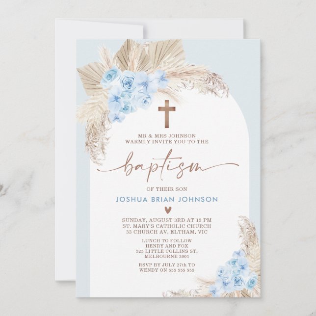 Bleu Boho Floral Arch Boys Baptême Invitation (Devant)
