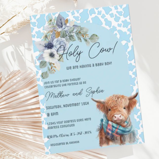 Bleu Boho Holy Cow Boy Baby shower Invitation (Créateur téléchargé)