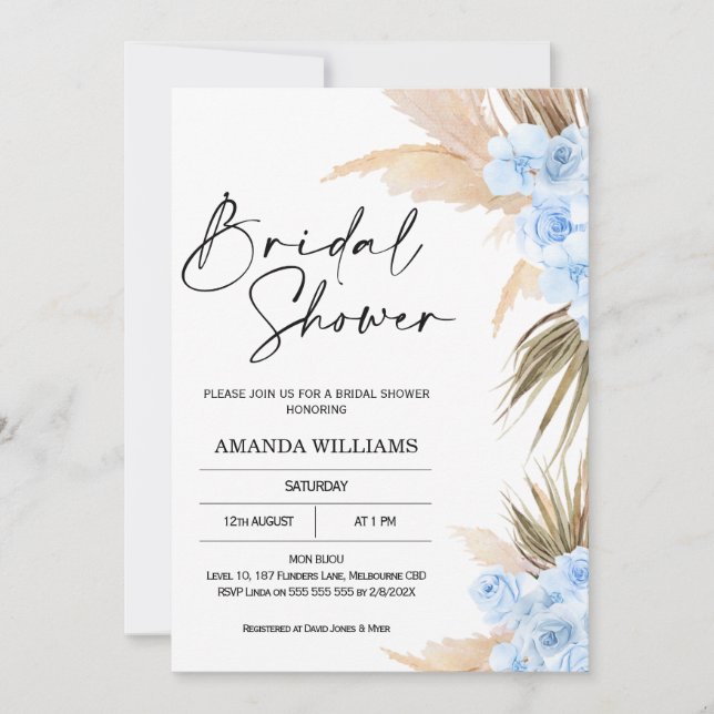 Bleu Boho Pampas Grass nuptiale douche Invitation (Devant)