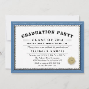 Bleu Border Diploma Style Grad Party Invitation