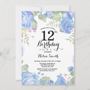 Bleu botanique Floral 12e anniversaire Invitation